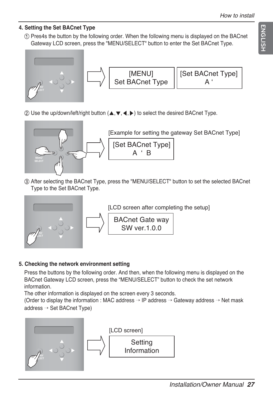 Setting information, Menu] set bacnet type [set bacnet type] a, Set bacnet type] a ‘ b | Bacnet gate way sw ver.1.0.0, Installation/owner manual 27 english | LG PQNFB17B0 User Manual | Page 27 / 756