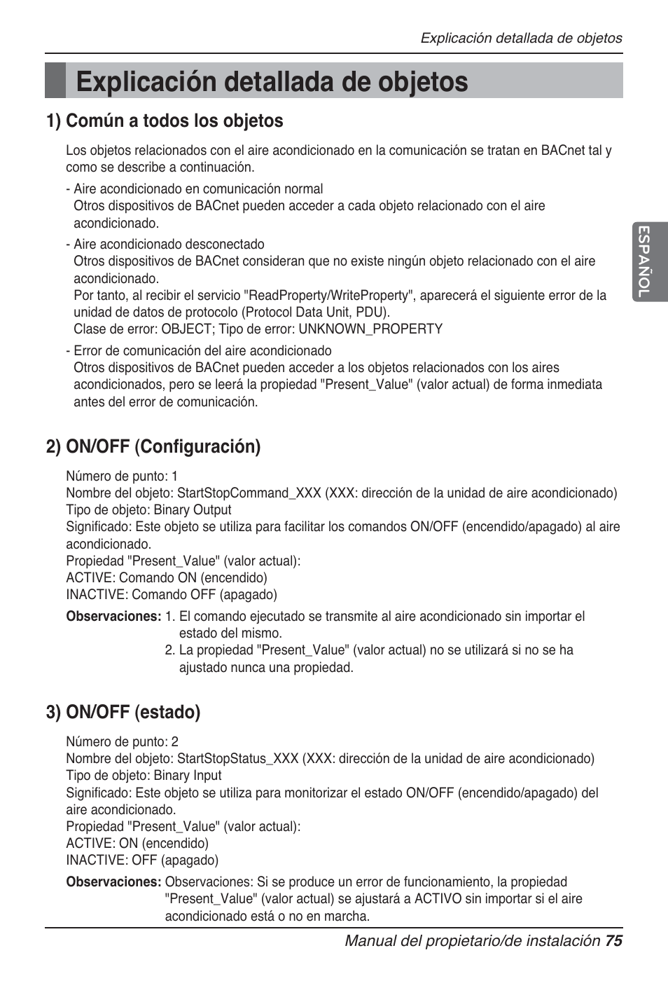 Explicación detallada de objetos, 1) común a todos los objetos, 2) on/off (configuración) | 3) on/off (estado) | LG PQNFB17B0 User Manual | Page 291 / 756