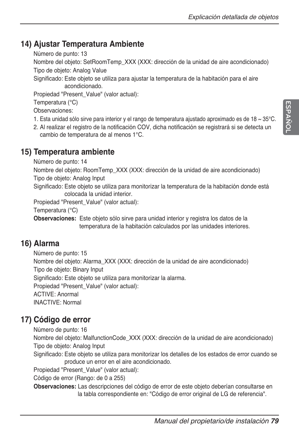 14) ajustar temperatura ambiente, 15) temperatura ambiente, 16) alarma | 17) código de error | LG PQNFB17B0 User Manual | Page 295 / 756