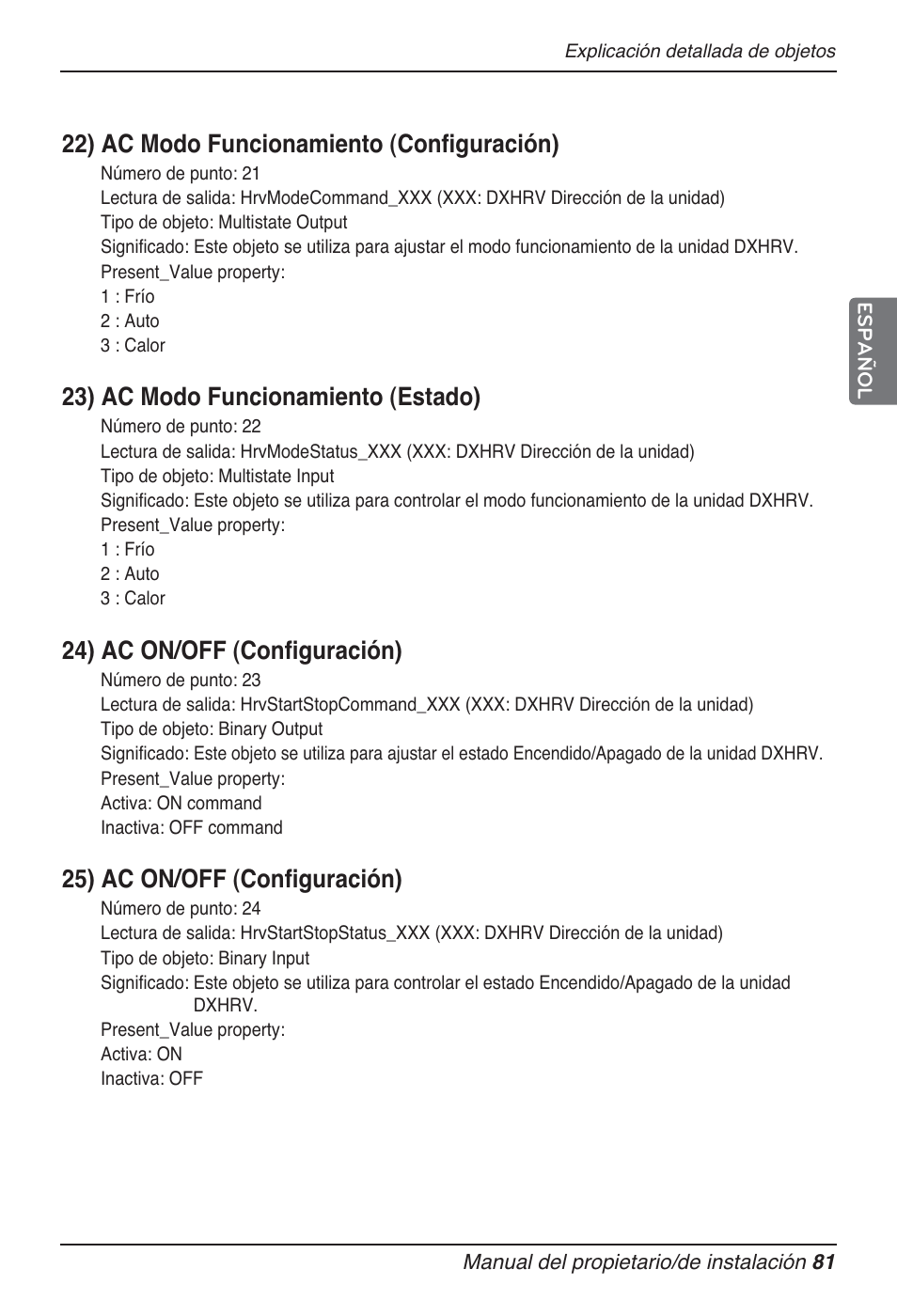 22) ac modo funcionamiento (configuración), 23) ac modo funcionamiento (estado), 24) ac on/off (configuración) | 25) ac on/off (configuración) | LG PQNFB17B0 User Manual | Page 297 / 756