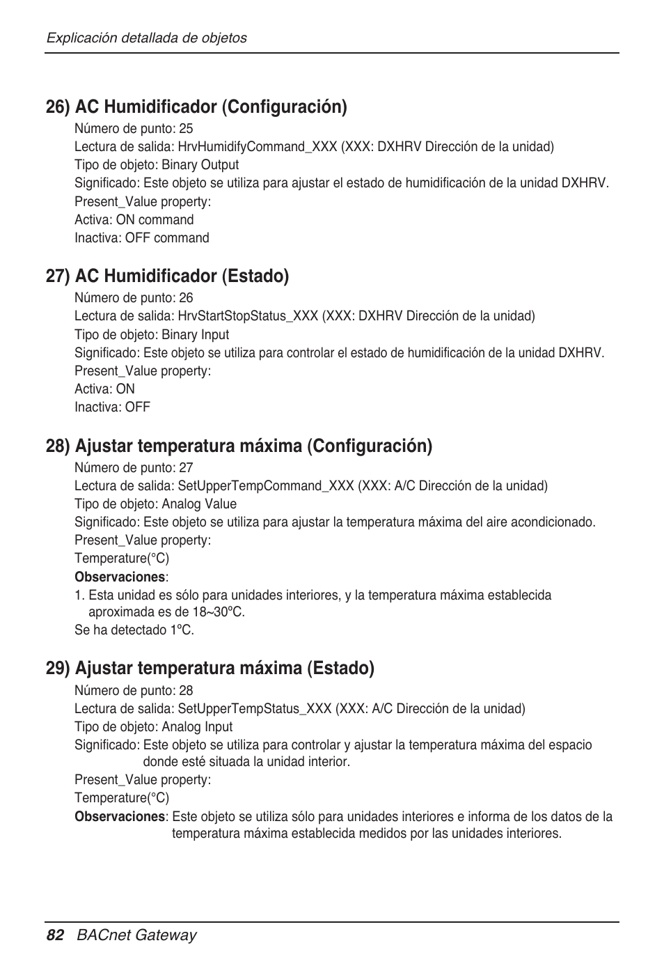 26) ac humidificador (configuración), 27) ac humidificador (estado), 28) ajustar temperatura máxima (configuración) | 29) ajustar temperatura máxima (estado) | LG PQNFB17B0 User Manual | Page 298 / 756