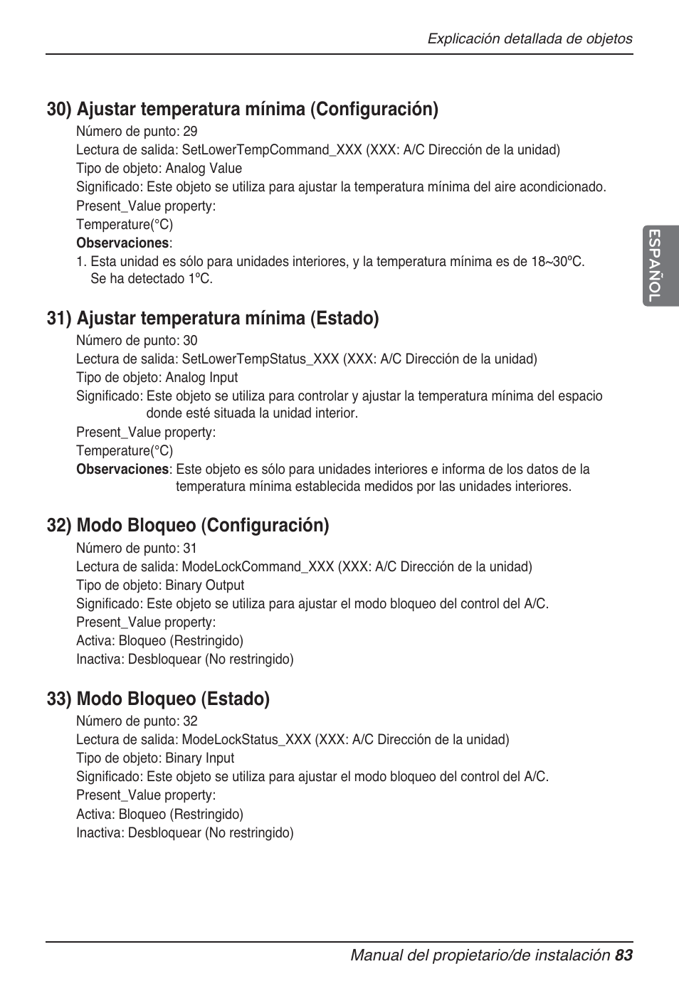 30) ajustar temperatura mínima (configuración), 31) ajustar temperatura mínima (estado), 32) modo bloqueo (configuración) | 33) modo bloqueo (estado) | LG PQNFB17B0 User Manual | Page 299 / 756