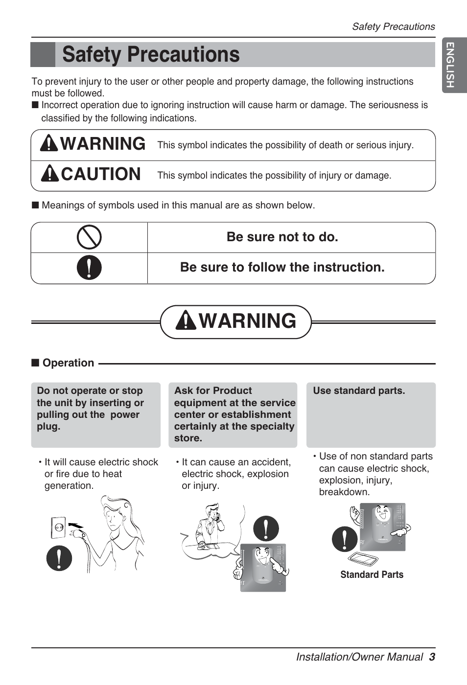 Warning, Warning caution, Installation/owner manual 3 | Operation, English, Safety precautions, Standard parts | LG PQNFB17B0 User Manual | Page 3 / 756