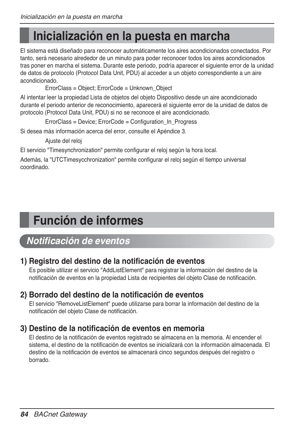 Inicialización en la puesta en marcha, Función de informes, Notificación de eventos | LG PQNFB17B0 User Manual | Page 300 / 756