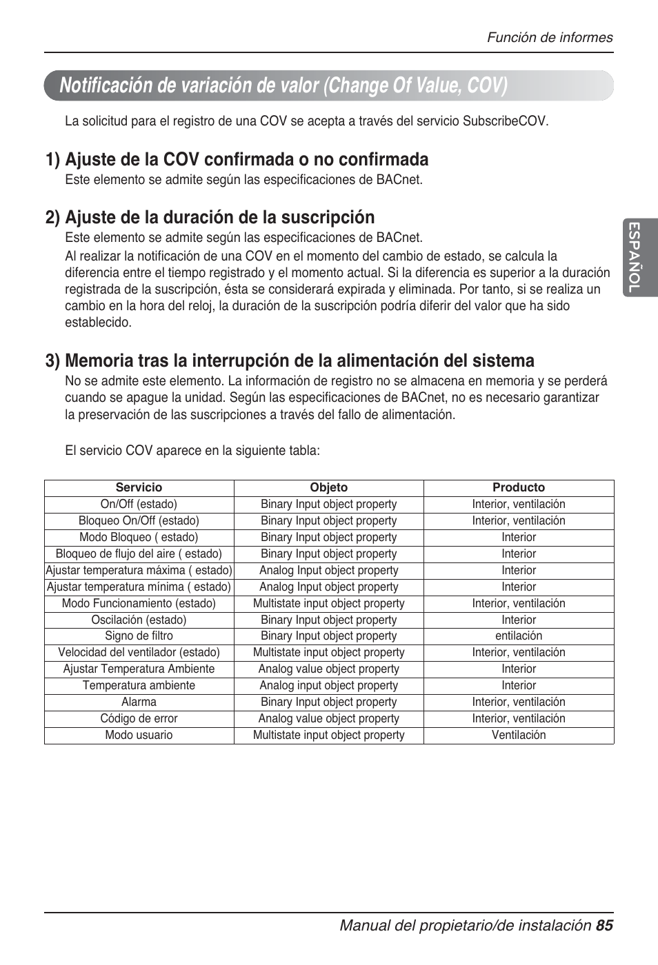 1) ajuste de la cov confirmada o no confirmada, 2) ajuste de la duración de la suscripción, Manual del propietario/de instalación 85 español | LG PQNFB17B0 User Manual | Page 301 / 756