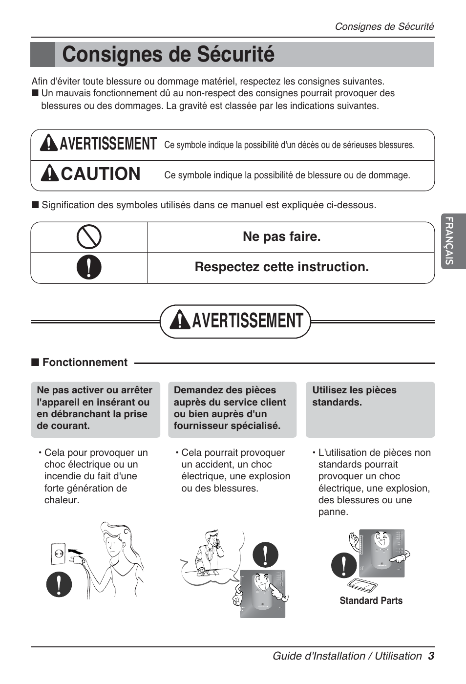 Avertissement, Avertissement caution, Ne pas faire. respectez cette instruction | Guide d'installation / utilisation 3, Fonctionnement, Français, Consignes de sécurité, Standard parts | LG PQNFB17B0 User Manual | Page 327 / 756