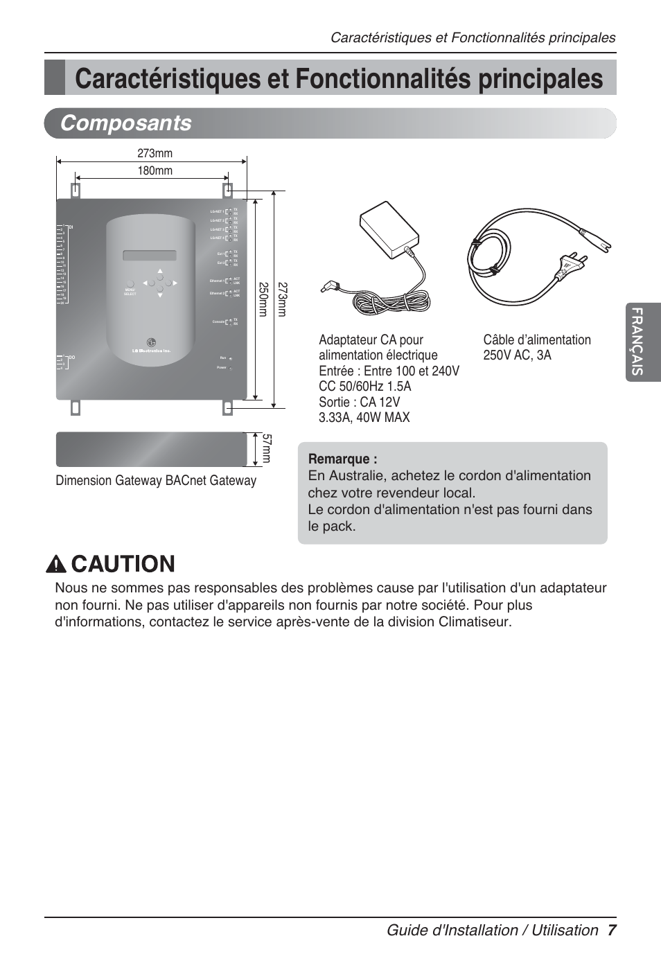 Caractéristiques et fonctionnalités principales, Composants, Guide d'installation / utilisation 7 | Français | LG PQNFB17B0 User Manual | Page 331 / 756