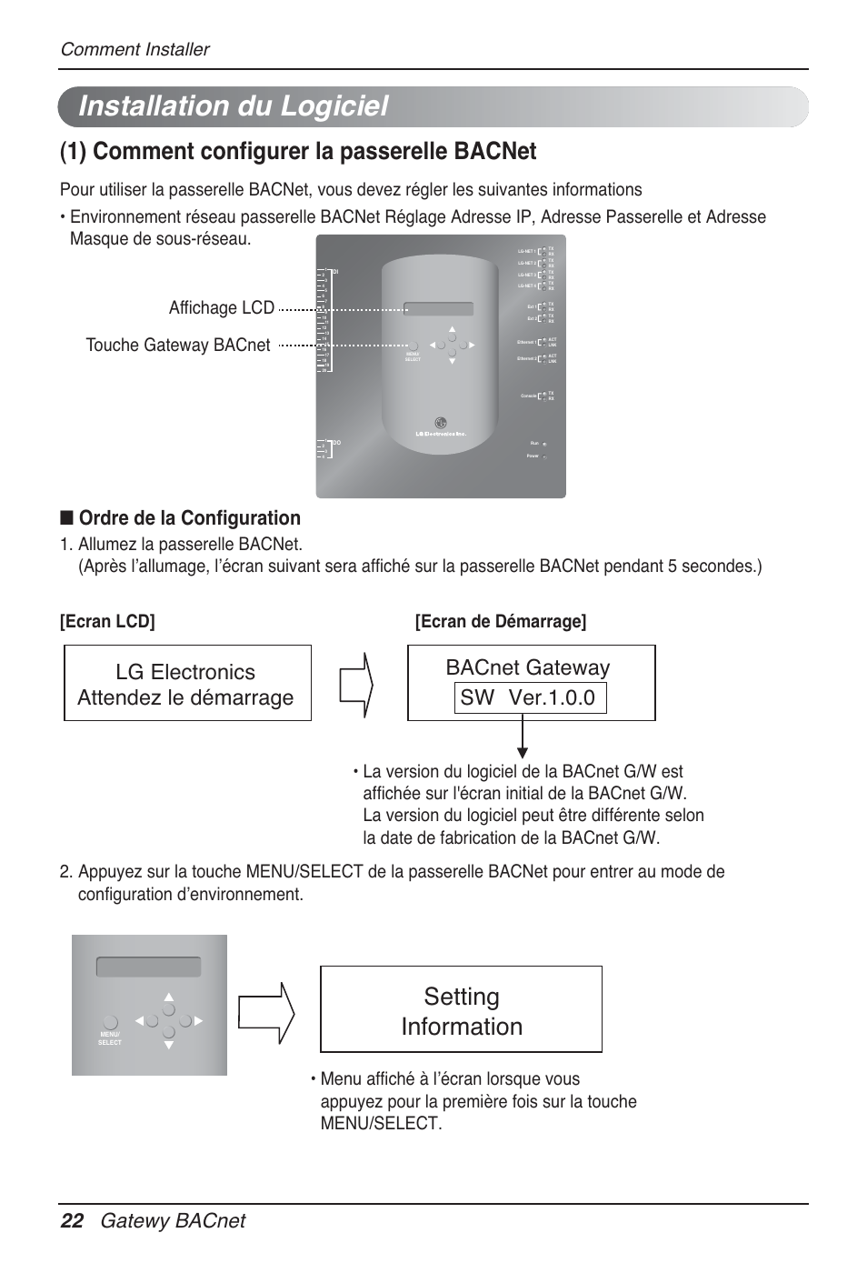 Installation du logiciel, 1) comment configurer la passerelle bacnet, Setting information | Ordre de la configuration, 22 gatewy bacnet, Comment installer, Affichage lcd touche gateway bacnet | LG PQNFB17B0 User Manual | Page 346 / 756