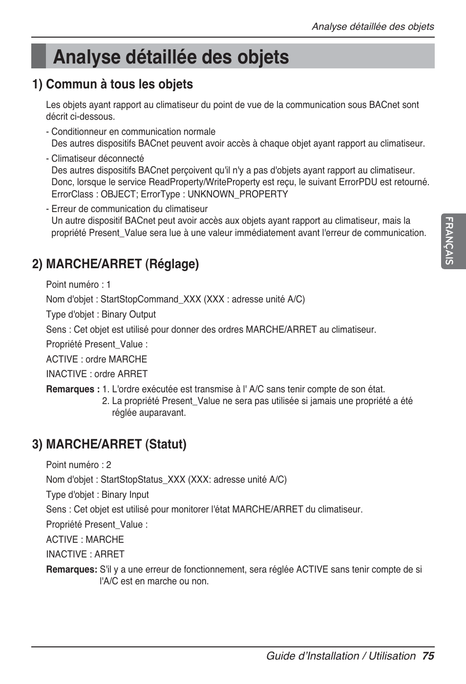 Analyse détaillée des objets, 1) commun à tous les objets, 2) marche/arret (réglage) | 3) marche/arret (statut) | LG PQNFB17B0 User Manual | Page 399 / 756