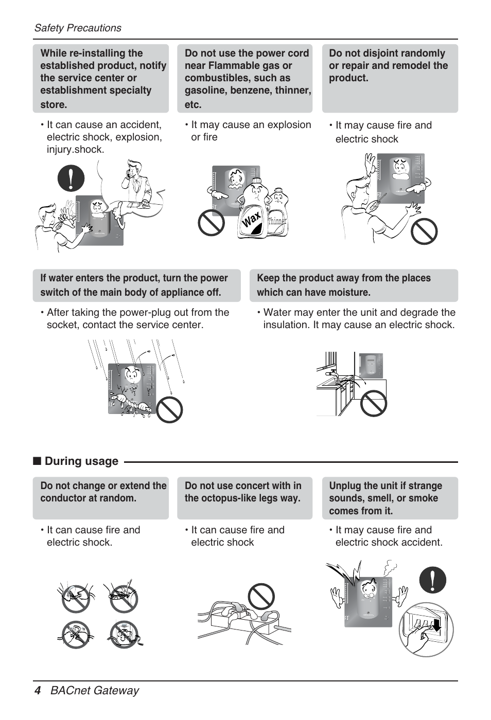 During usage, 4 bacnet gateway, Wa x thinner | Safety precautions | LG PQNFB17B0 User Manual | Page 4 / 756