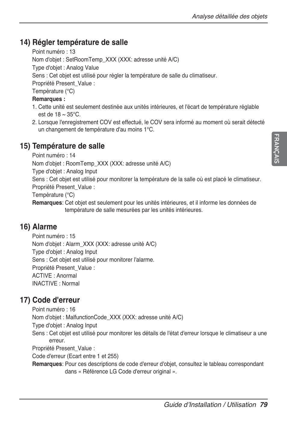 14) régler température de salle, 15) température de salle, 16) alarme | 17) code d'erreur | LG PQNFB17B0 User Manual | Page 403 / 756