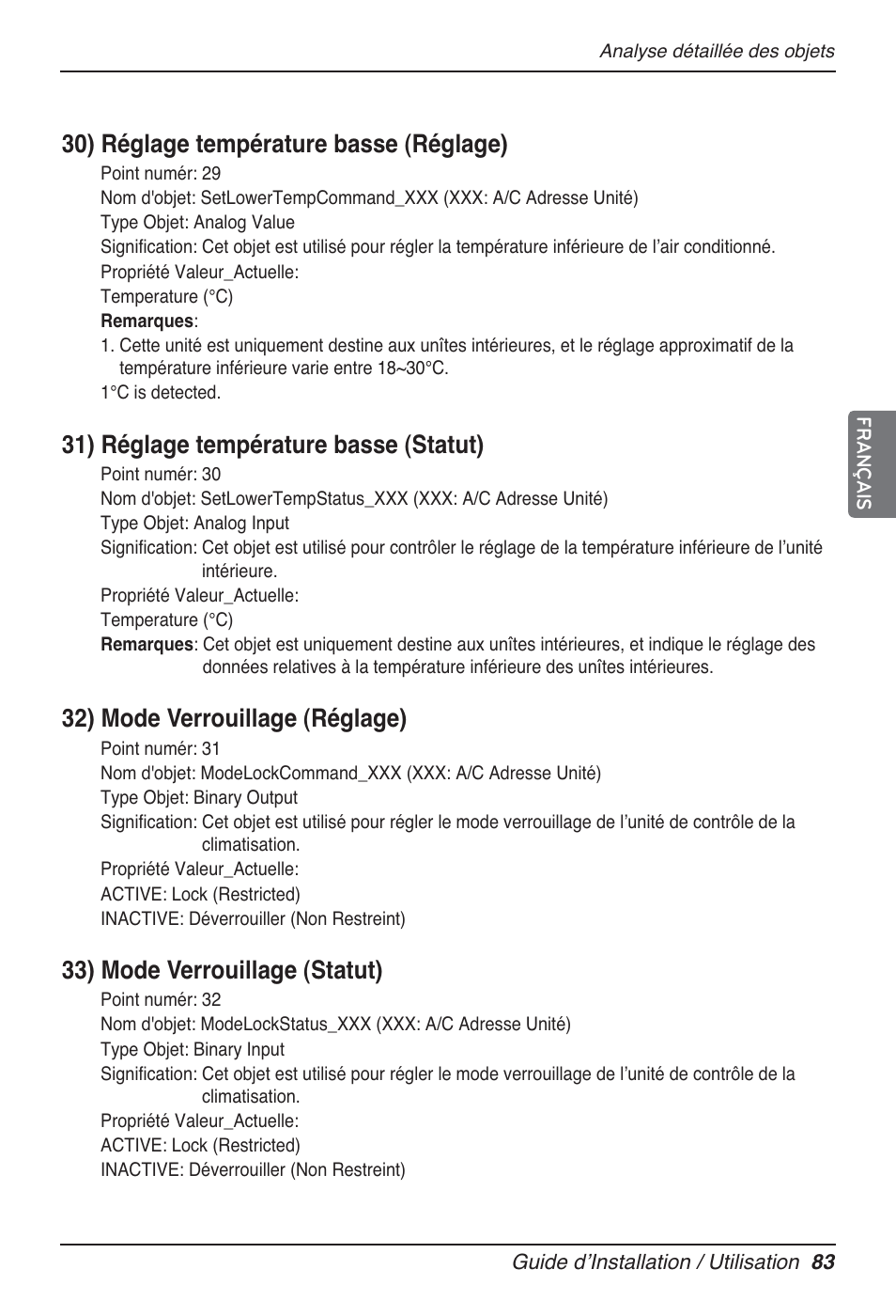 30) réglage température basse (réglage), 31) réglage température basse (statut), 32) mode verrouillage (réglage) | 33) mode verrouillage (statut) | LG PQNFB17B0 User Manual | Page 407 / 756