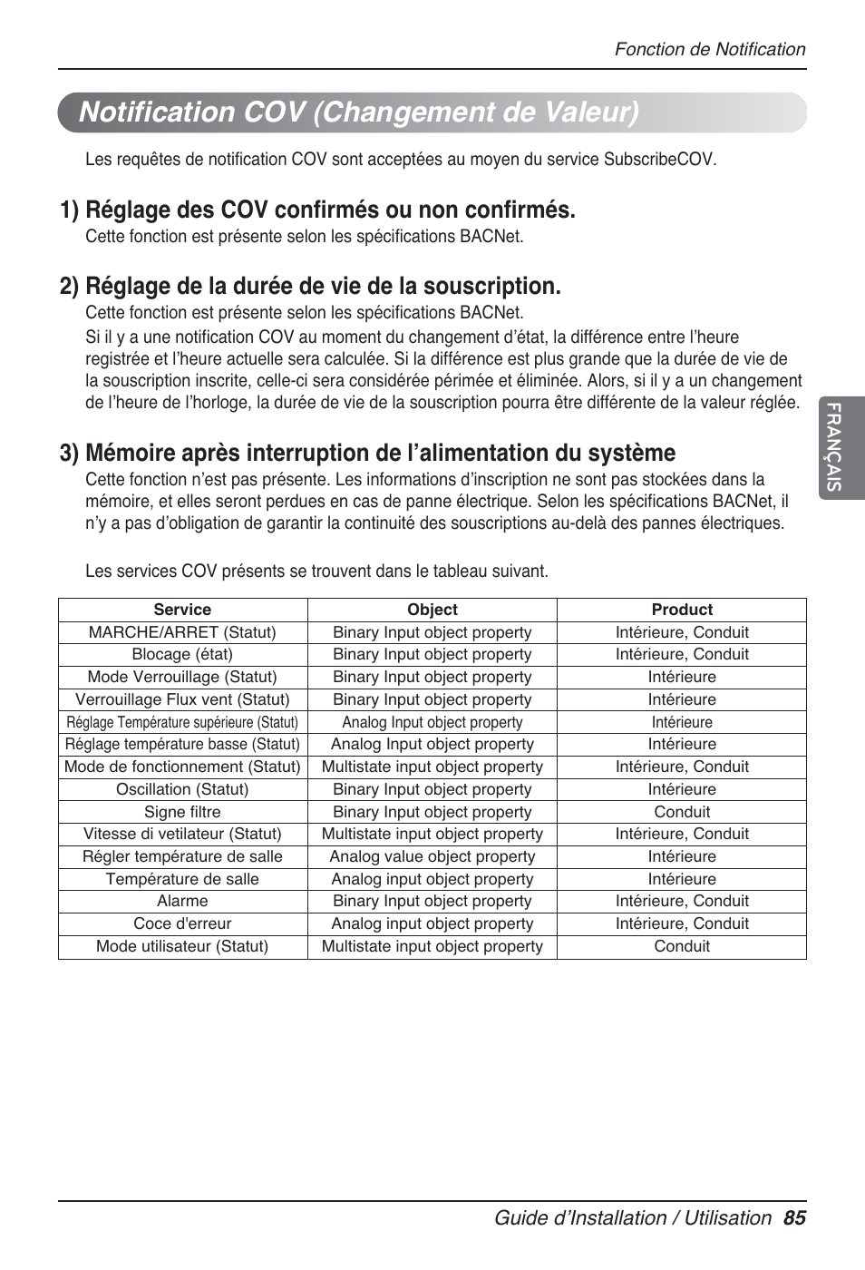 Notification cov (changement de valeur), 1) réglage des cov confirmés ou non confirmés, 2) réglage de la durée de vie de la souscription | Guide dʼinstallation / utilisation 85 français | LG PQNFB17B0 User Manual | Page 409 / 756