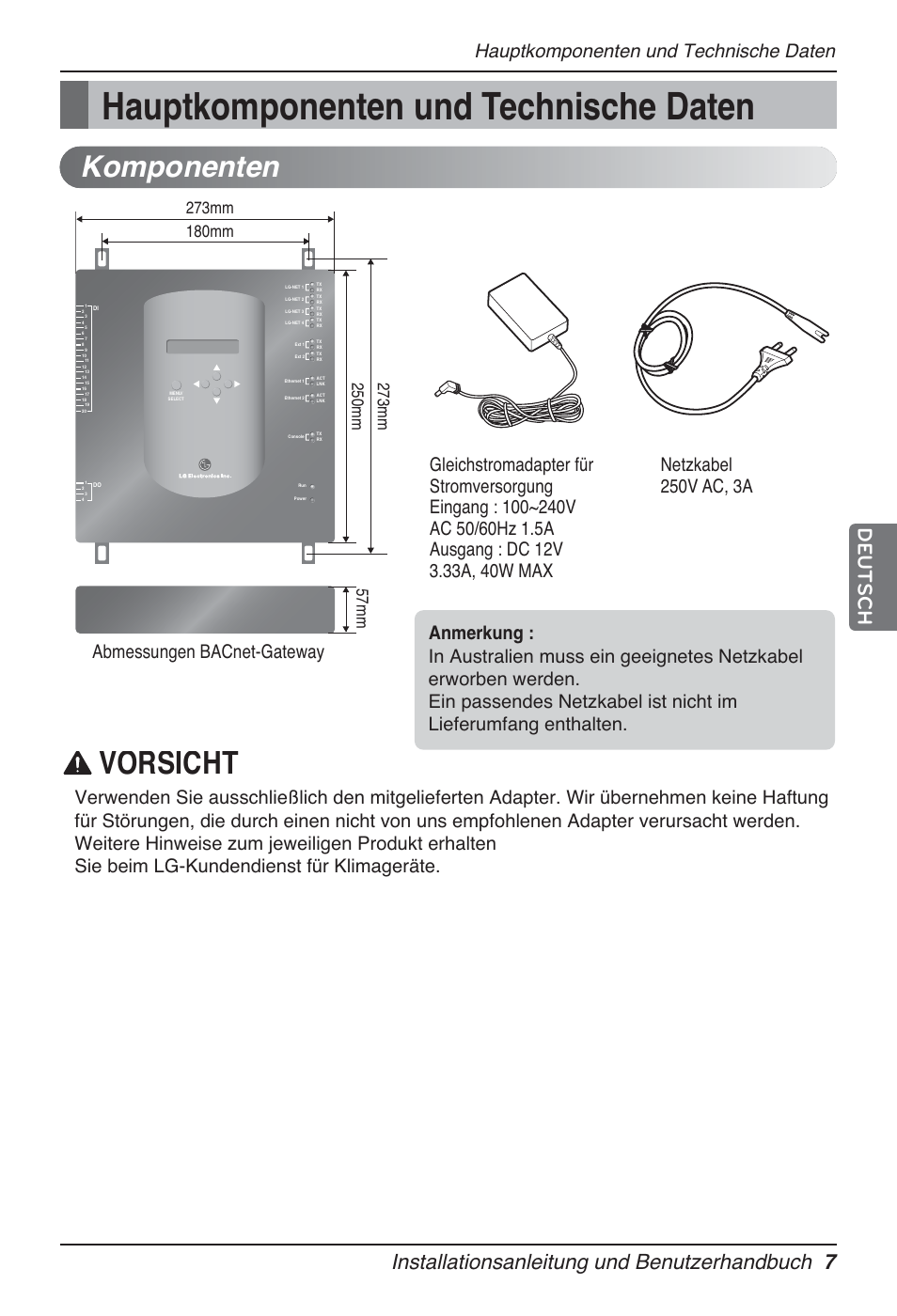 Hauptkomponenten und technische daten, Vorsicht, Komponenten | Installationsanleitung und benutzerhandbuch 7, Deutsch | LG PQNFB17B0 User Manual | Page 439 / 756