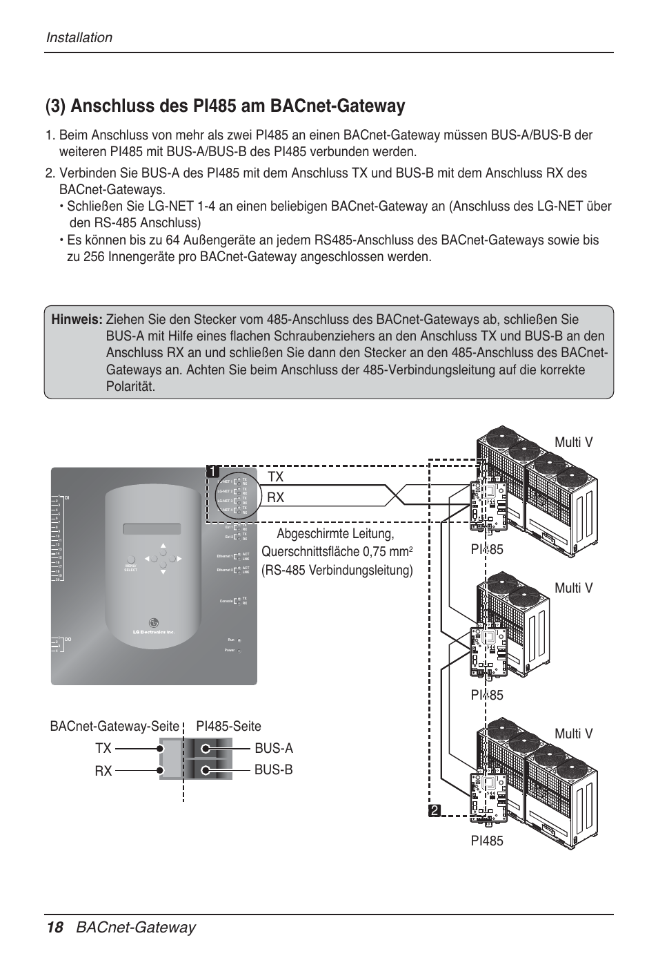 3) anschluss des pi485 am bacnet-gateway, 18 bacnet-gateway, Installation | Multi v pi485 tx rx, Multi v pi485 | LG PQNFB17B0 User Manual | Page 450 / 756