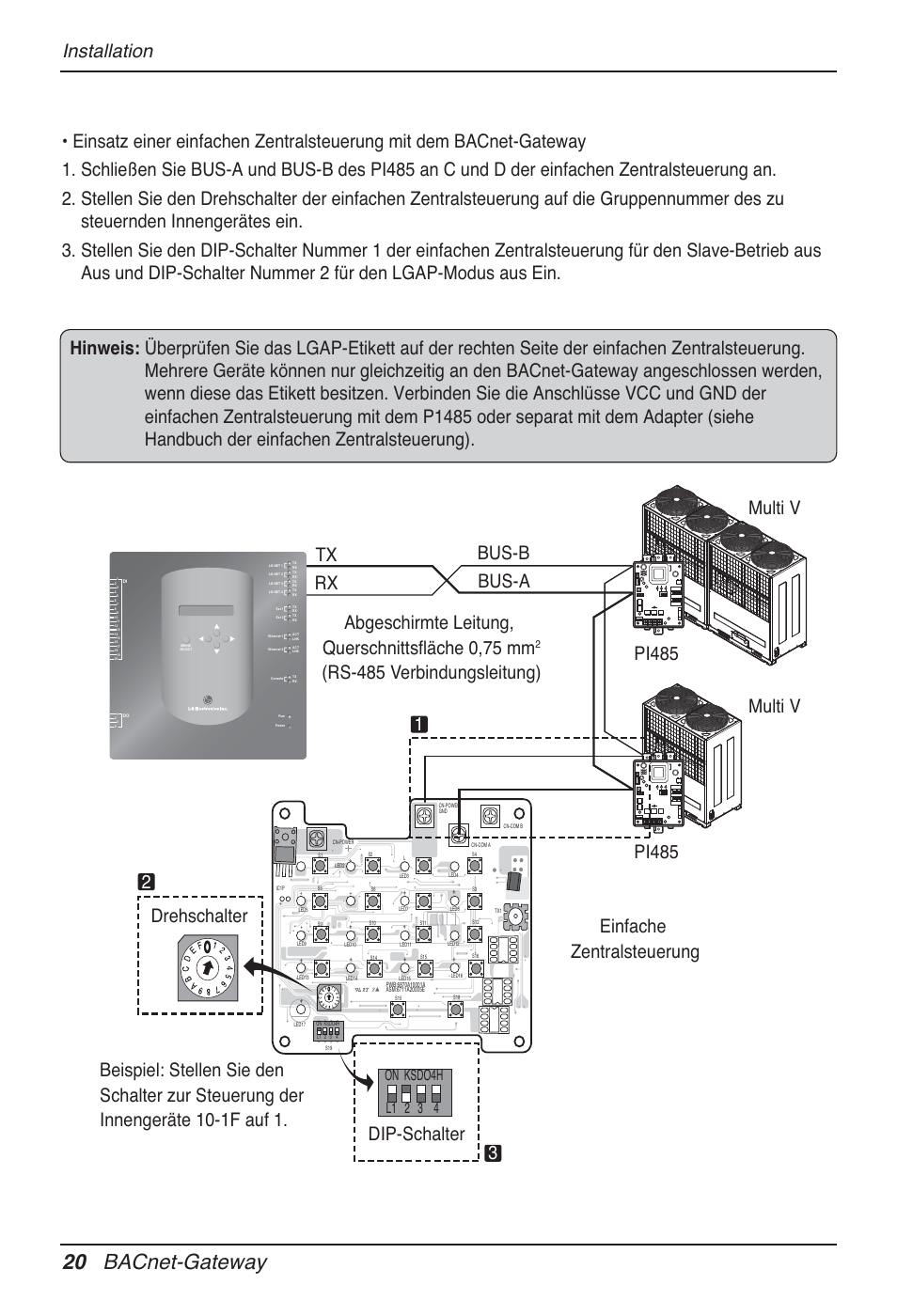 20 bacnet-gateway, Multi v pi485 tx rx, Abgeschirmte leitung, querschnittsfläche 0,75 mm | LG PQNFB17B0 User Manual | Page 452 / 756