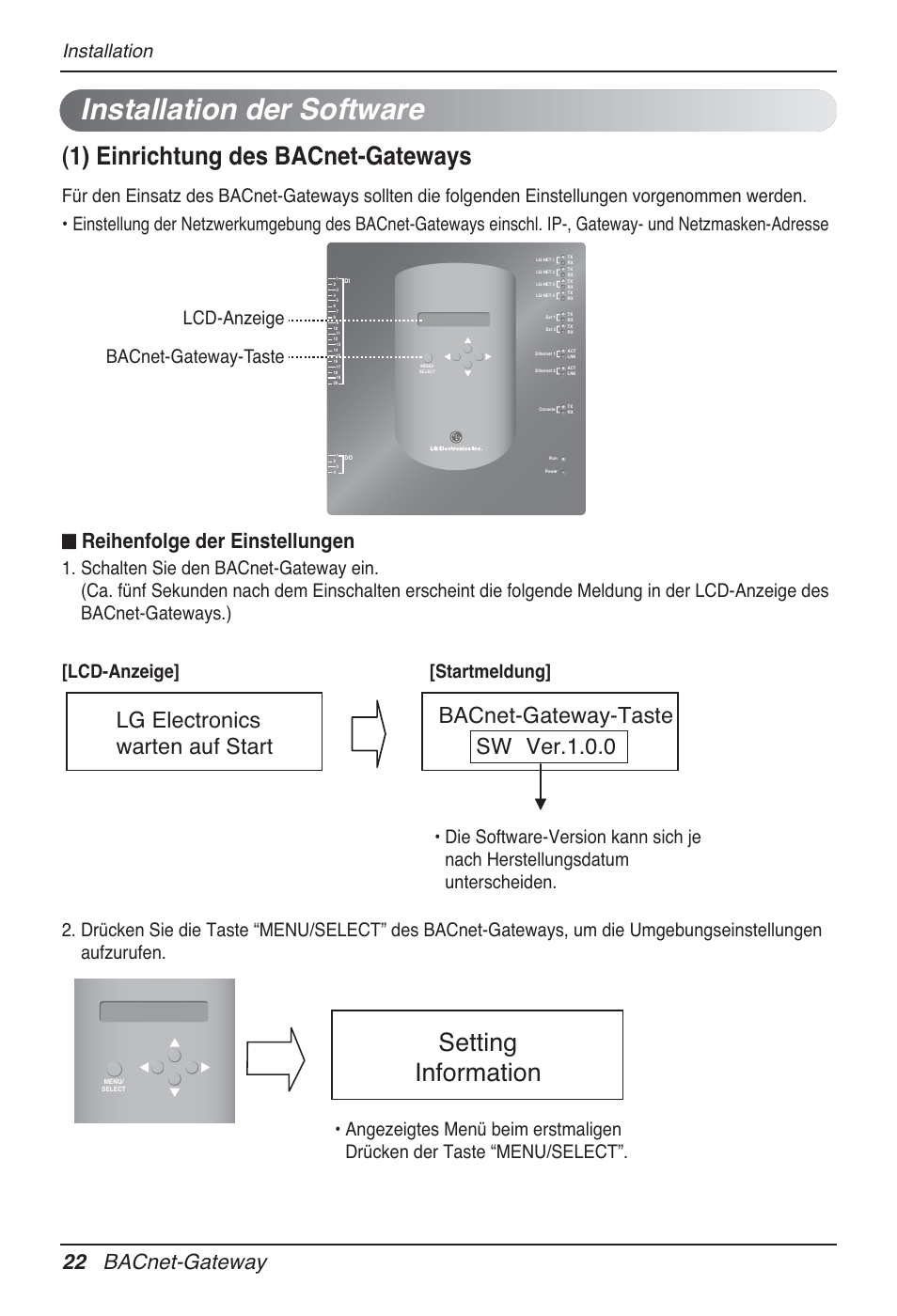 Installation der software, 1) einrichtung des bacnet-gateways, Setting information | Reihenfolge der einstellungen, 22 bacnet-gateway, Installation, Lcd-anzeige bacnet-gateway-taste | LG PQNFB17B0 User Manual | Page 454 / 756