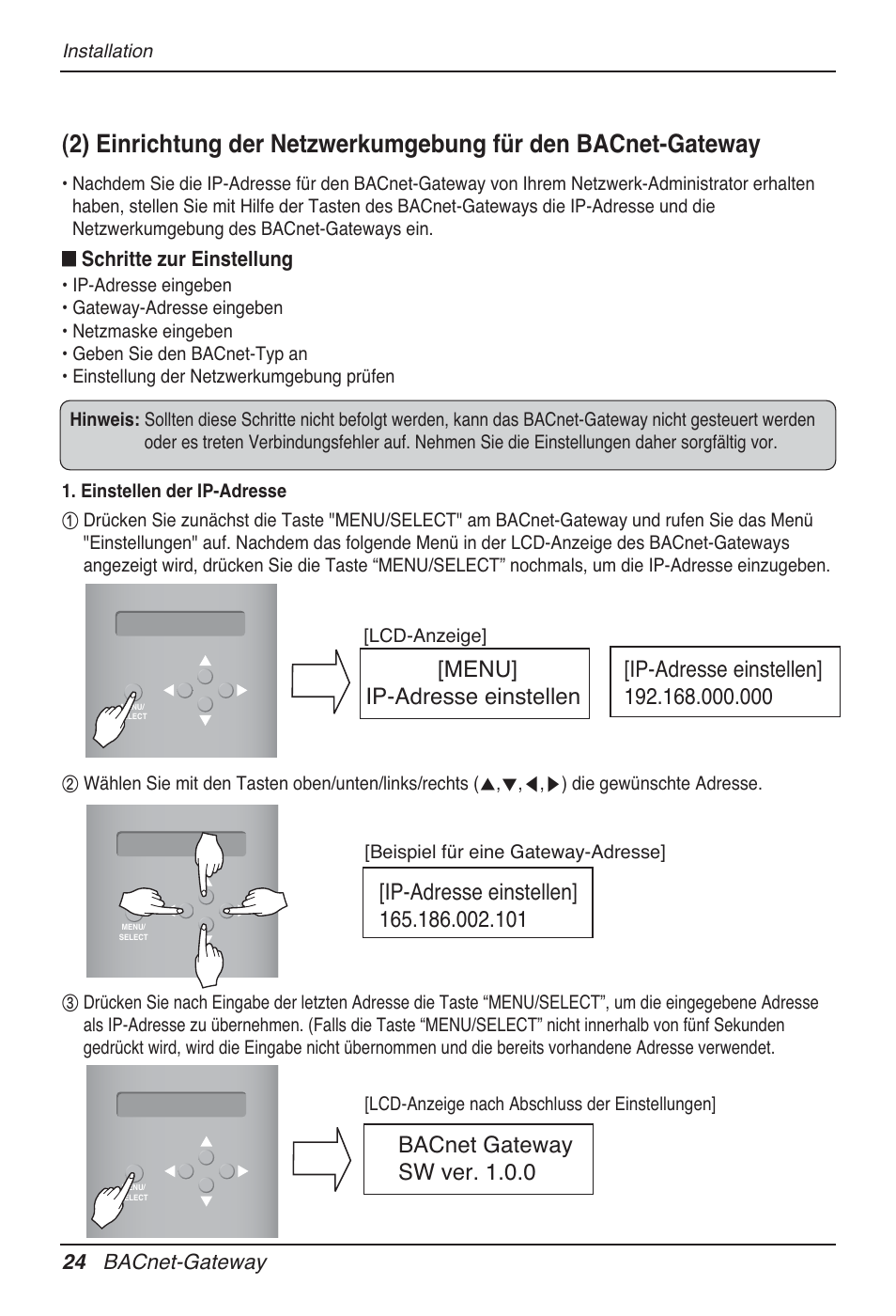 Bacnet gateway sw ver. 1.0.0, Schritte zur einstellung, 24 bacnet-gateway | LG PQNFB17B0 User Manual | Page 456 / 756