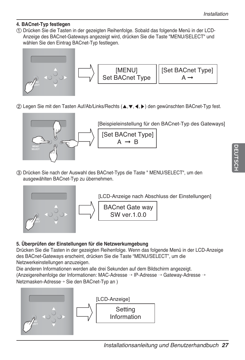 Setting information, Menu] set bacnet type [set bacnet type] a, Set bacnet type] a ➞ b | Bacnet gate way sw ver.1.0.0 | LG PQNFB17B0 User Manual | Page 459 / 756