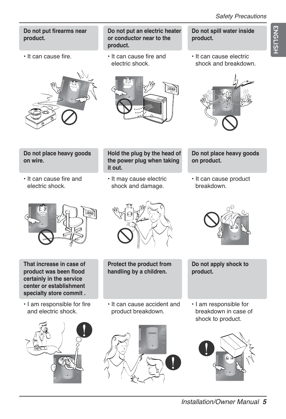 Installation/owner manual 5, English, Safety precautions | LG PQNFB17B0 User Manual | Page 5 / 756