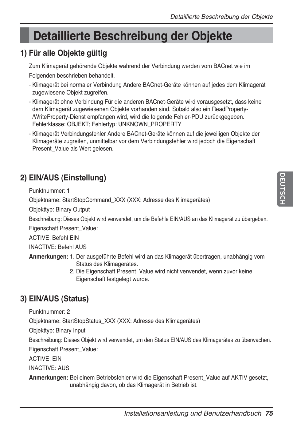 Detaillierte beschreibung der objekte, 1) für alle objekte gültig, 2) ein/aus (einstellung) | 3) ein/aus (status) | LG PQNFB17B0 User Manual | Page 507 / 756