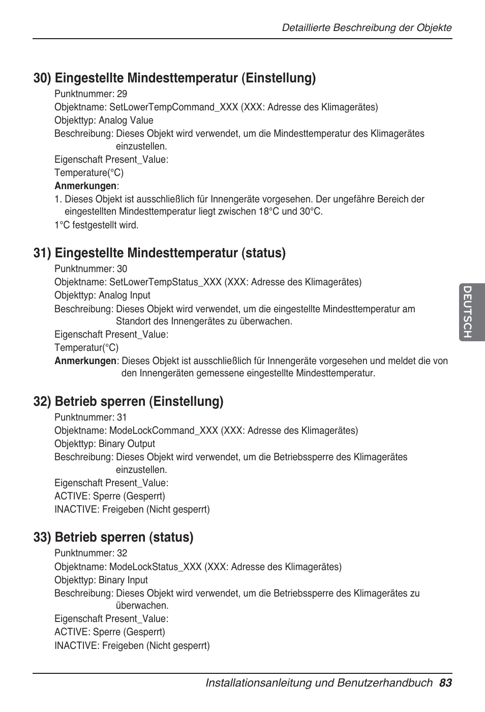 30) eingestellte mindesttemperatur (einstellung), 31) eingestellte mindesttemperatur (status), 32) betrieb sperren (einstellung) | 33) betrieb sperren (status) | LG PQNFB17B0 User Manual | Page 515 / 756