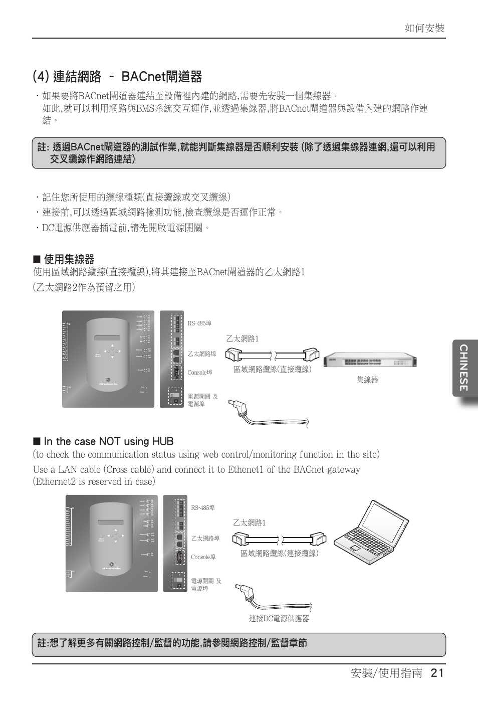 4) 連結網路 – bacnet閘道器, 安裝/使用指南 21 chine se, 使用集線器 | 如何安裝, 使用區域網路纜線(直接纜線),將其連接至bacnet閘道器的乙太網路1 (乙太網路2作為預留之用), ሉወ ੈ੥ႏཕចሉڈોចሉ ʀ˰ႏཕ, ກբᏼወ, ཕចሉ௥ોចሉ ʀ˰ႏཕ, 89੩ ʀ˰ႏཕ੩ )utyurk੩ ྑກෆᘖ˫ ྑກ | LG PQNFB17B0 User Manual | Page 561 / 756