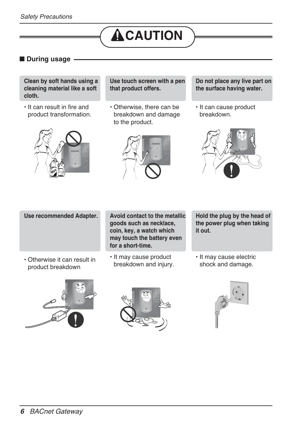 Caution, During usage, 6 bacnet gateway | Safety precautions | LG PQNFB17B0 User Manual | Page 6 / 756