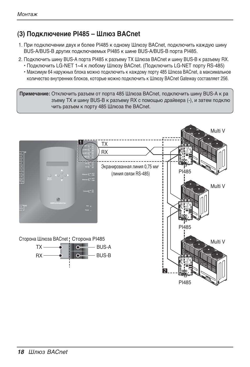 3) подключение pi485 – шлюз bacnet, 18 шлюз bacnet, Монтаж | Multi v tx rx, Multi v | LG PQNFB17B0 User Manual | Page 666 / 756