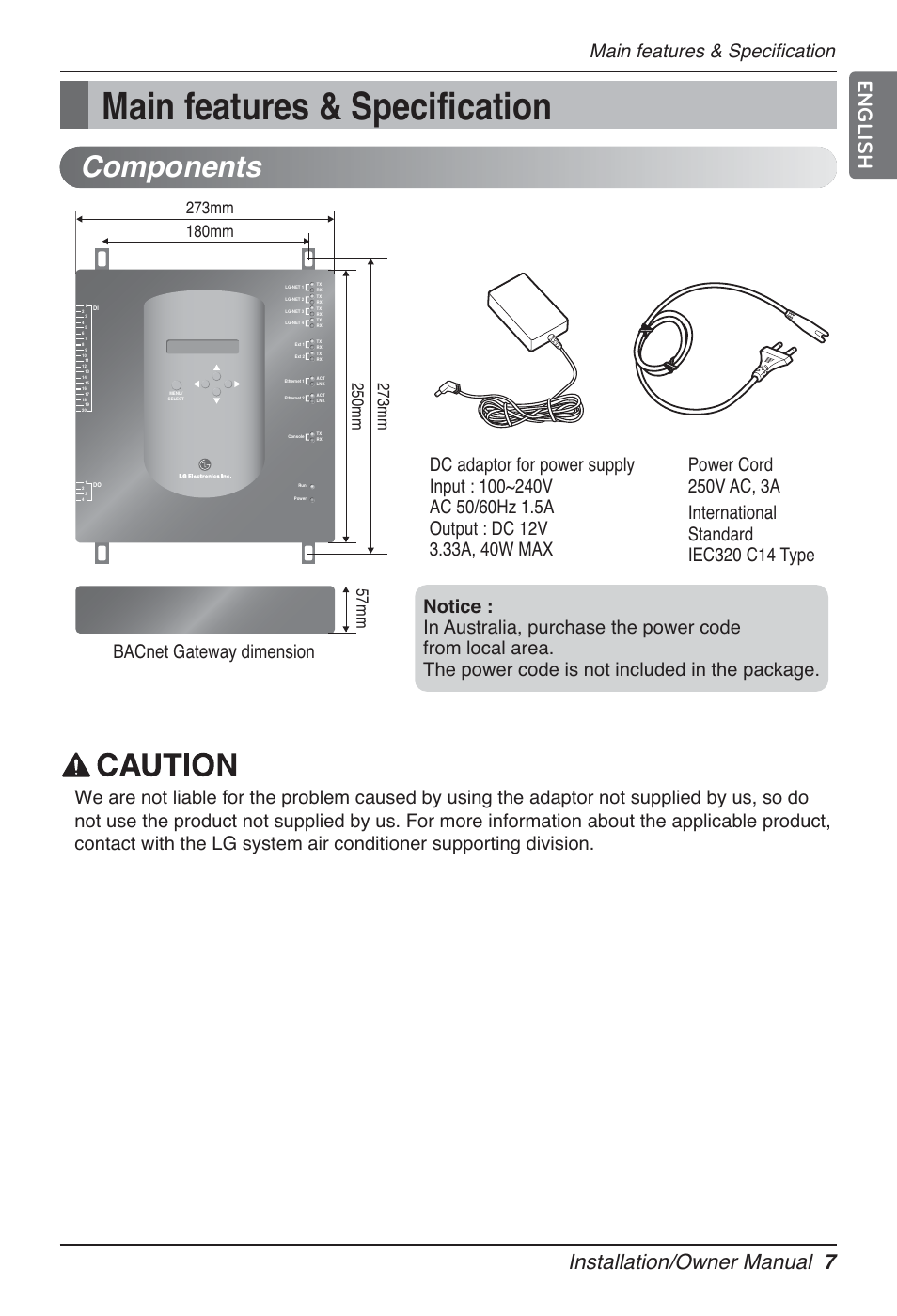 Main features & specification, Components, Installation/owner manual 7 | English | LG PQNFB17B0 User Manual | Page 7 / 756