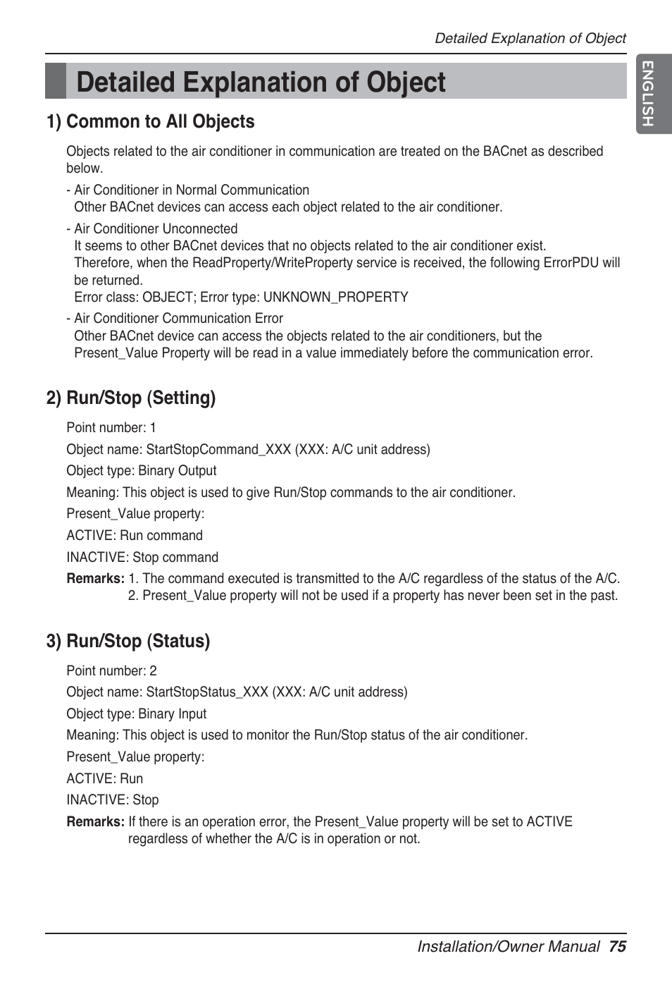 Detailed explanation of object, 1) common to all objects, 2) run/stop (setting) | 3) run/stop (status) | LG PQNFB17B0 User Manual | Page 75 / 756