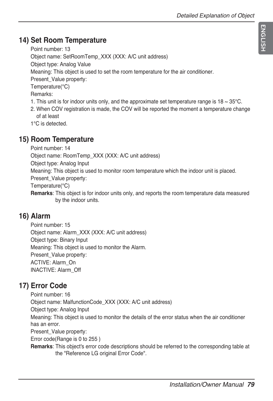 14) set room temperature, 15) room temperature, 16) alarm | 17) error code | LG PQNFB17B0 User Manual | Page 79 / 756