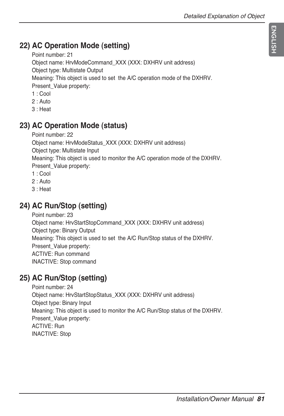 22) ac operation mode (setting), 23) ac operation mode (status), 24) ac run/stop (setting) | 25) ac run/stop (setting) | LG PQNFB17B0 User Manual | Page 81 / 756