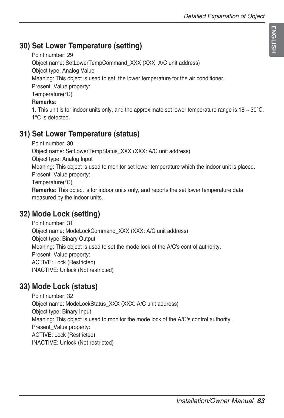 30) set lower temperature (setting), 31) set lower temperature (status), 32) mode lock (setting) | 33) mode lock (status) | LG PQNFB17B0 User Manual | Page 83 / 756