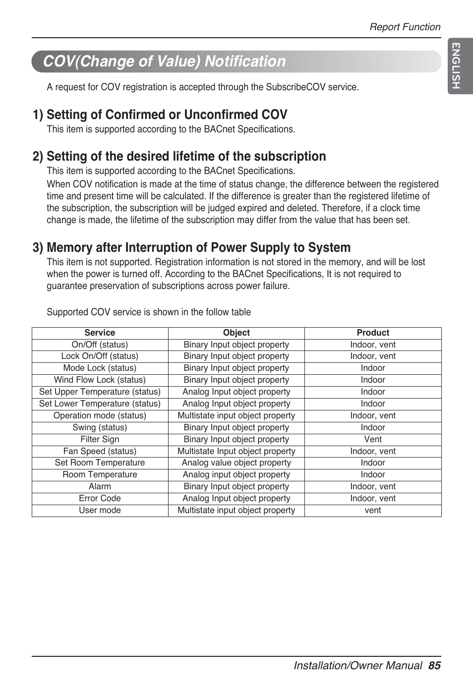 Cov(change of value) notification, 1) setting of confirmed or unconfirmed cov, Installation/owner manual 85 english | LG PQNFB17B0 User Manual | Page 85 / 756