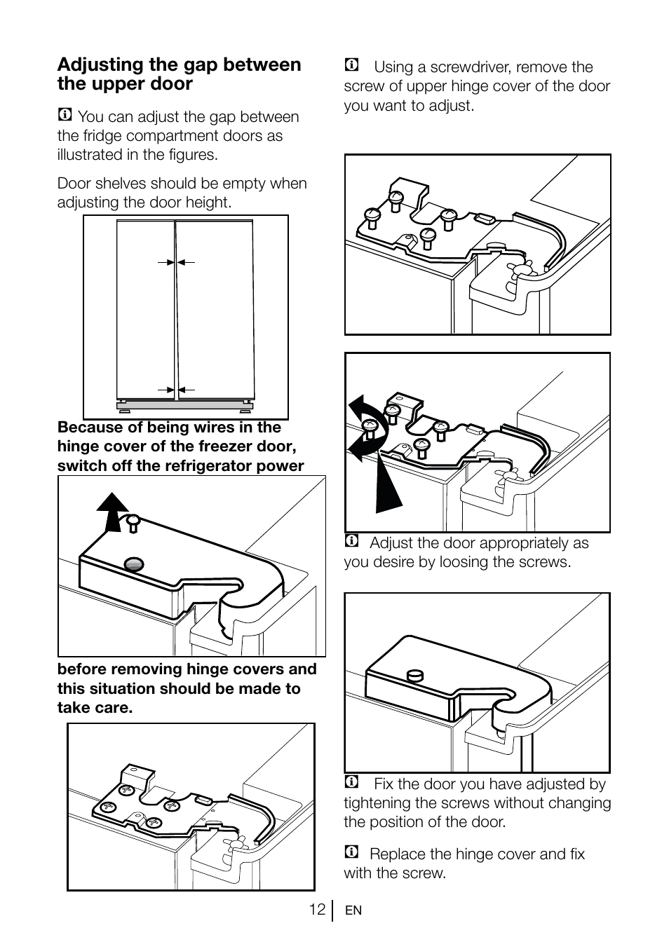 Adjusting the gap between the upper door c | Beko GNE V222 S User Manual | Page 13 / 83