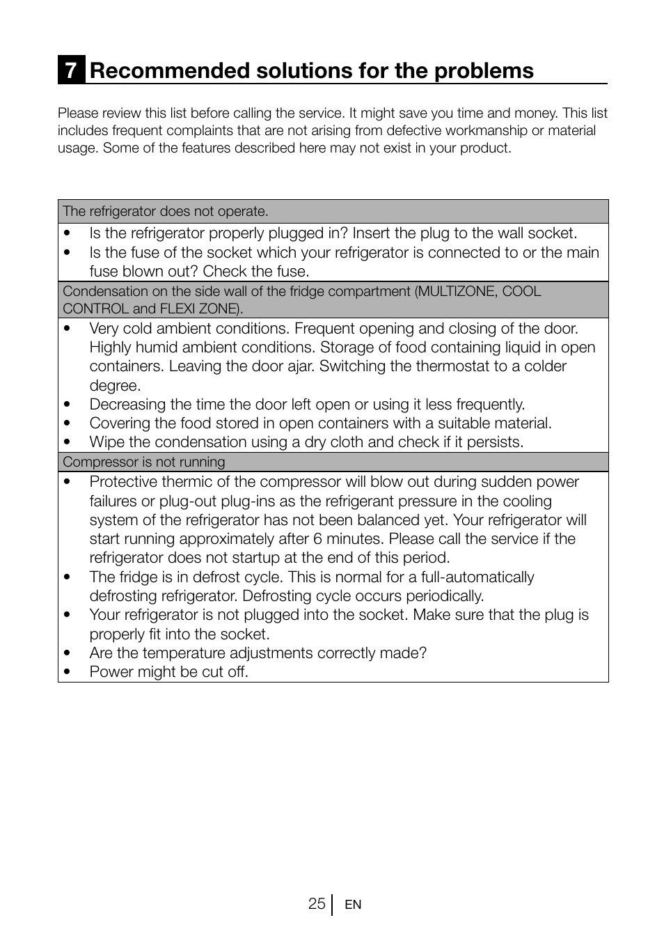 7recommended solutions for the problems | Beko GNE V222 S User Manual | Page 26 / 83