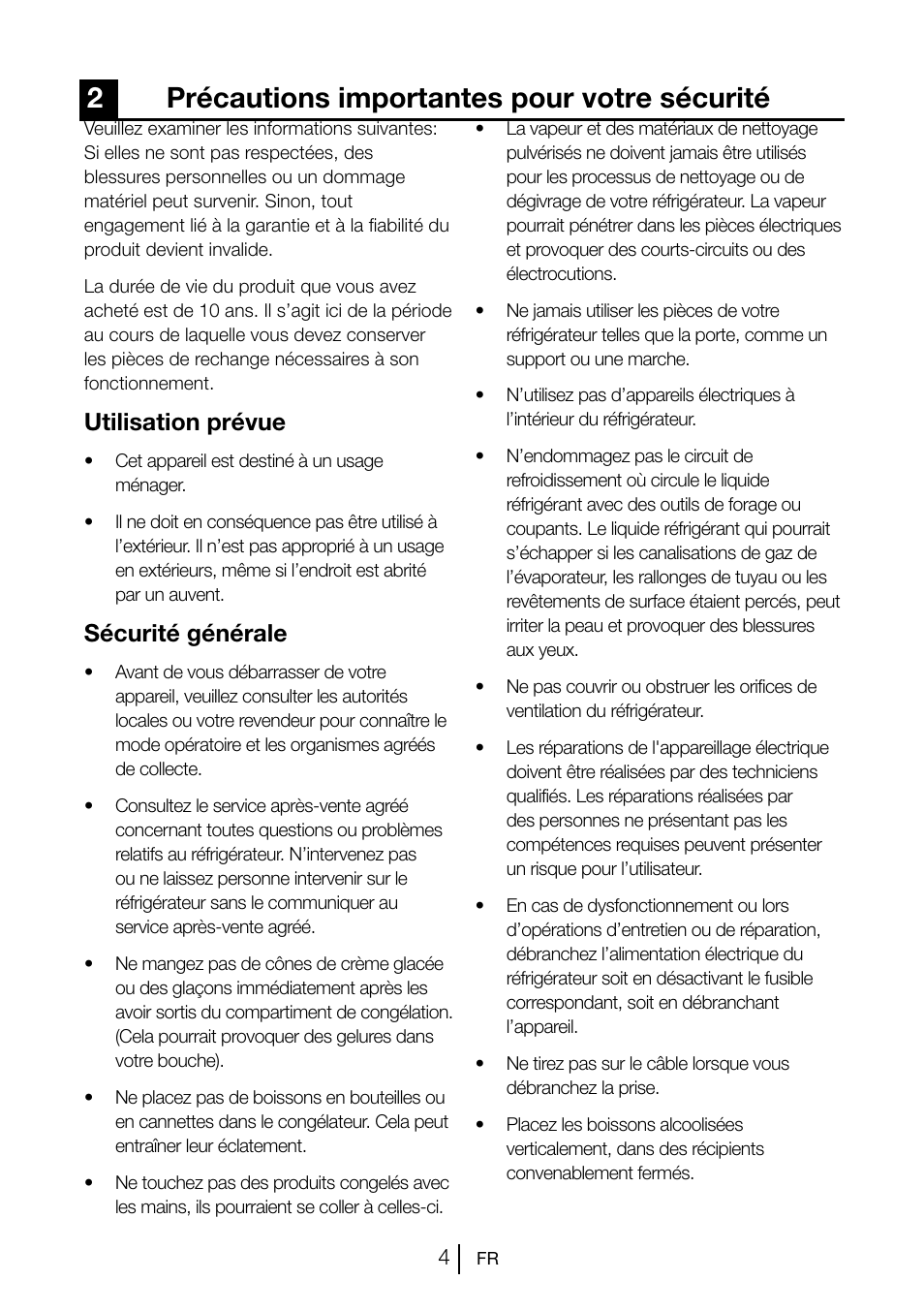 2précautions importantes pour votre sécurité, Utilisation prévue, Sécurité générale | Beko GNE V222 S User Manual | Page 32 / 83