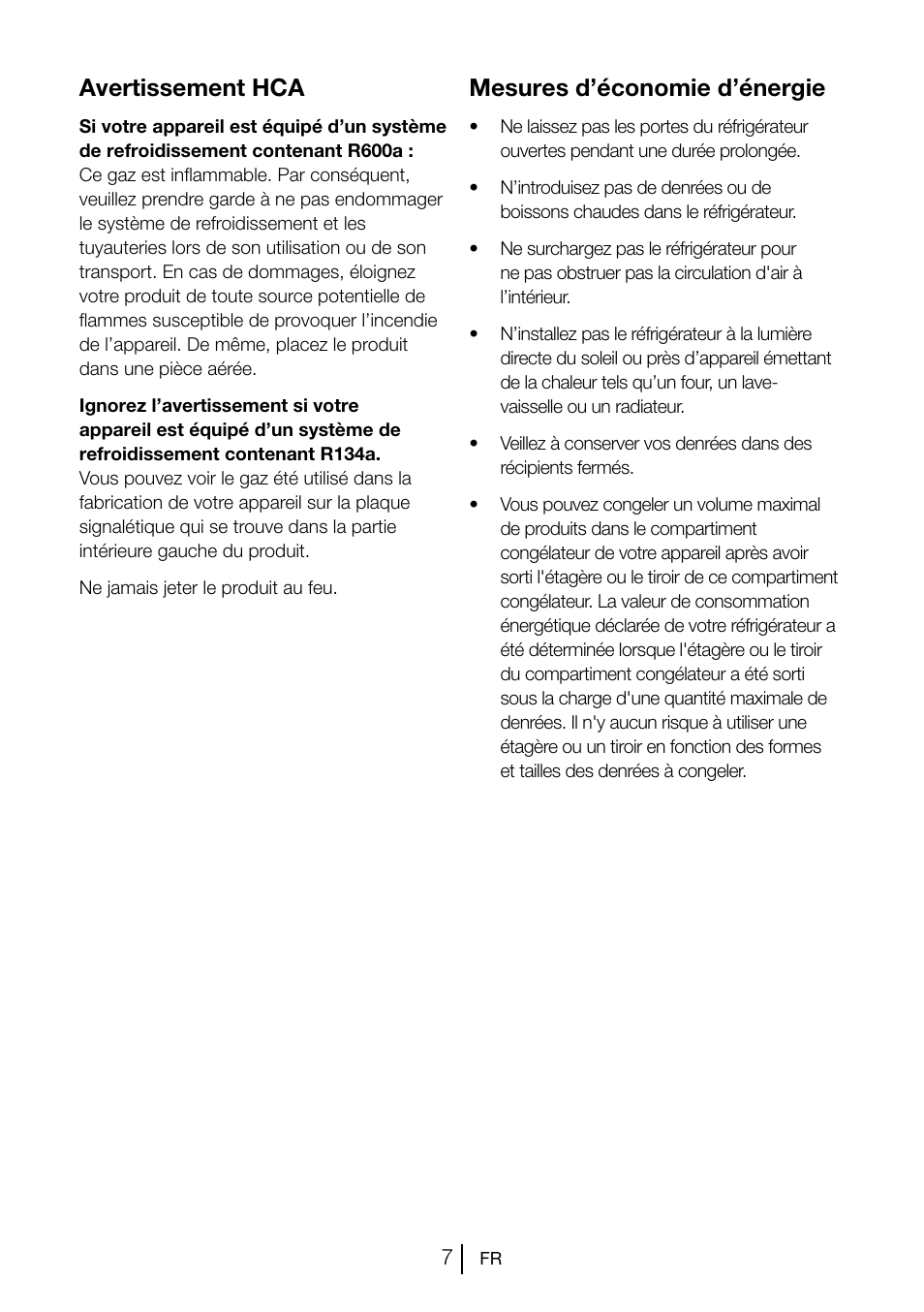 Avertissement hca, Mesures d’économie d’énergie | Beko GNE V222 S User Manual | Page 35 / 83