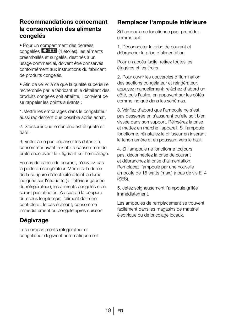 Dégivrage, Remplacer l'ampoule intérieure | Beko GNE V222 S User Manual | Page 46 / 83