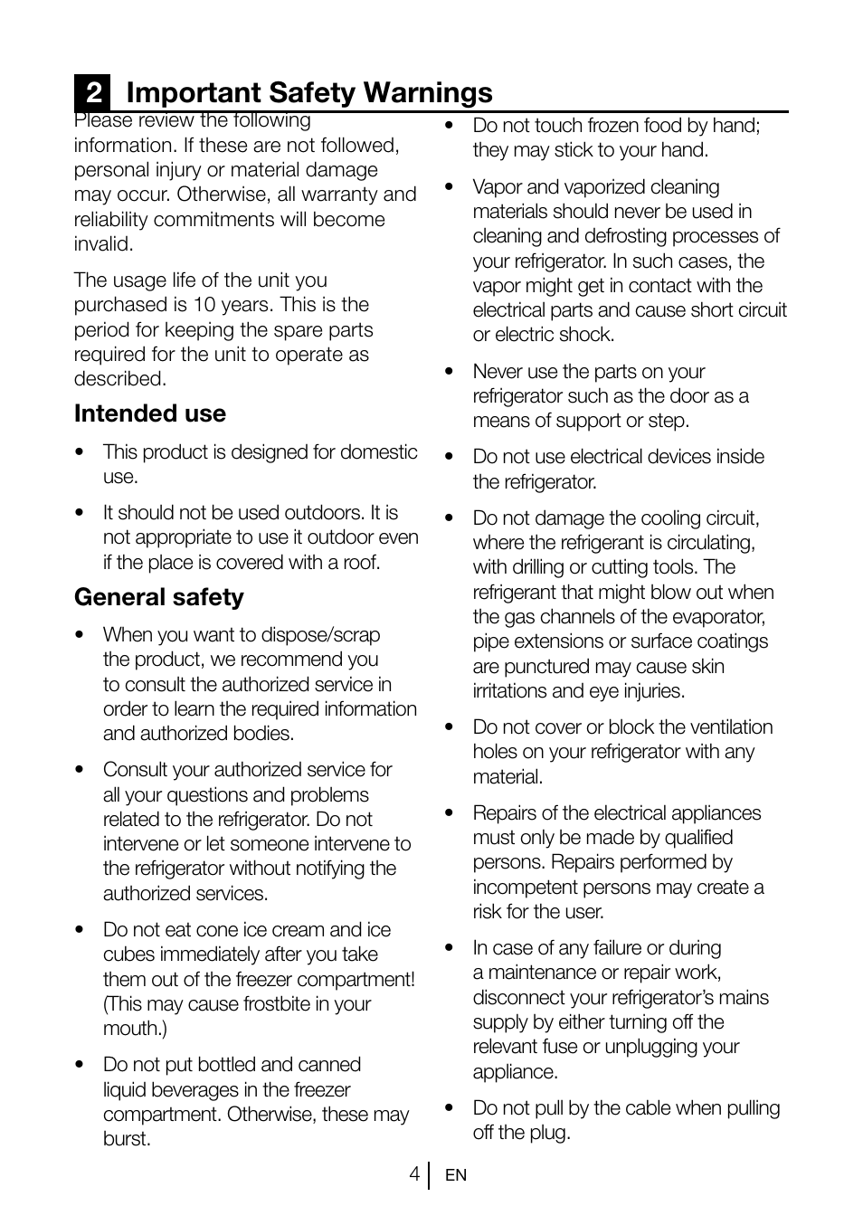 2important safety warnings, Intended use, General safety | Beko GNE V222 S User Manual | Page 5 / 83