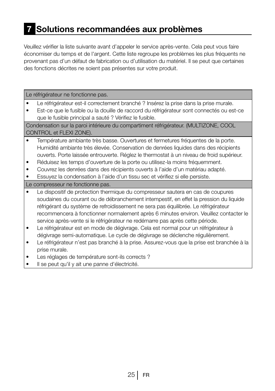 7solutions recommandées aux problèmes | Beko GNE V222 S User Manual | Page 53 / 83