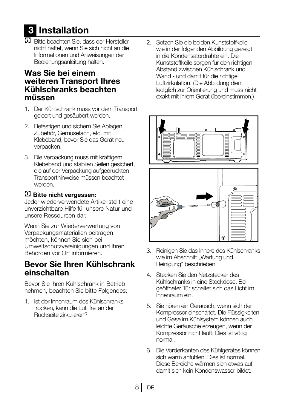 3installation, Bevor sie ihren kühlschrank einschalten | Beko GNE V222 S User Manual | Page 63 / 83