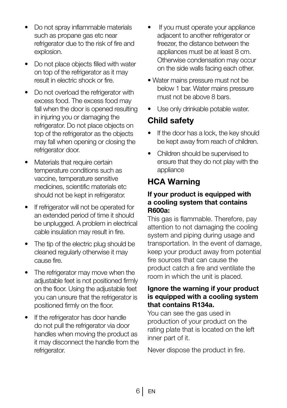 Child safety, Hca warning | Beko GNE V222 S User Manual | Page 7 / 83