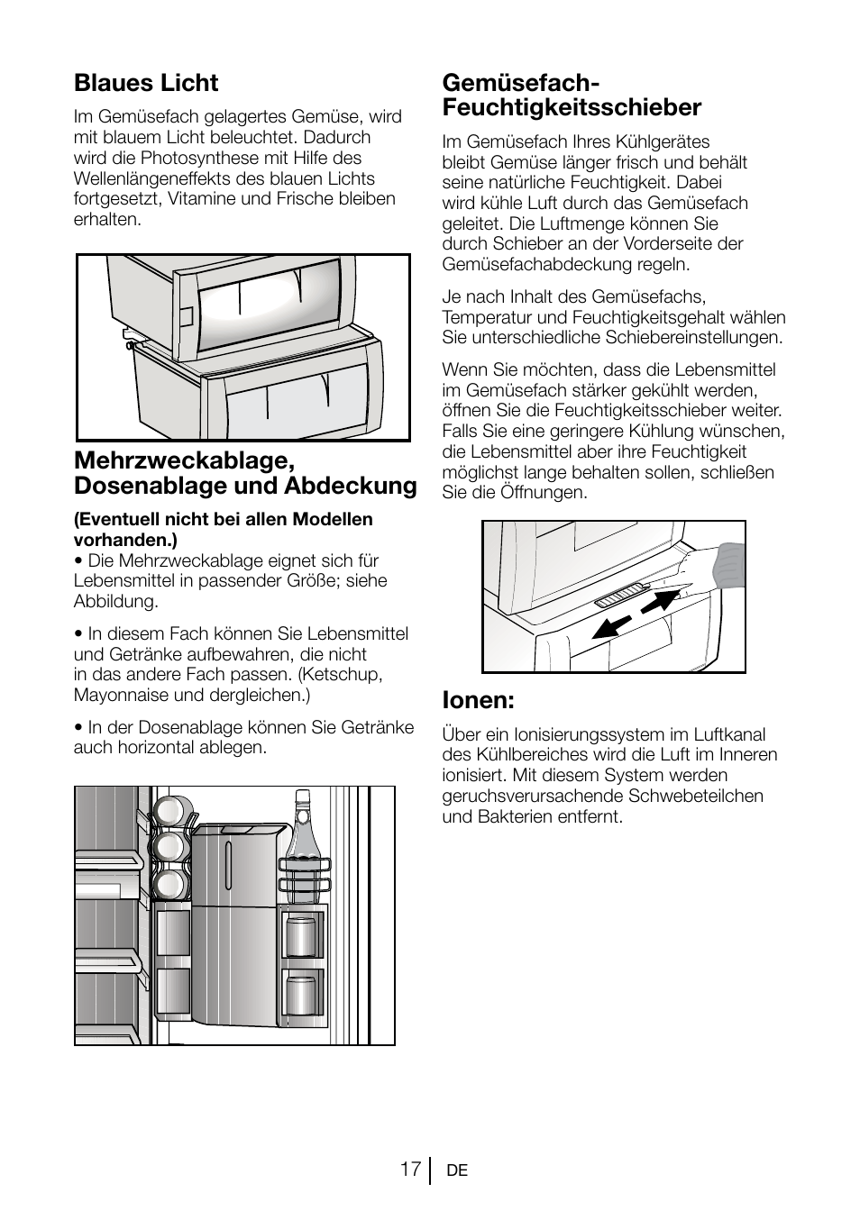 Blaues licht, Gemüsefach- feuchtigkeitsschieber, Mehrzweckablage, dosenablage und abdeckung | Ionen | Beko GNE V222 S User Manual | Page 72 / 83