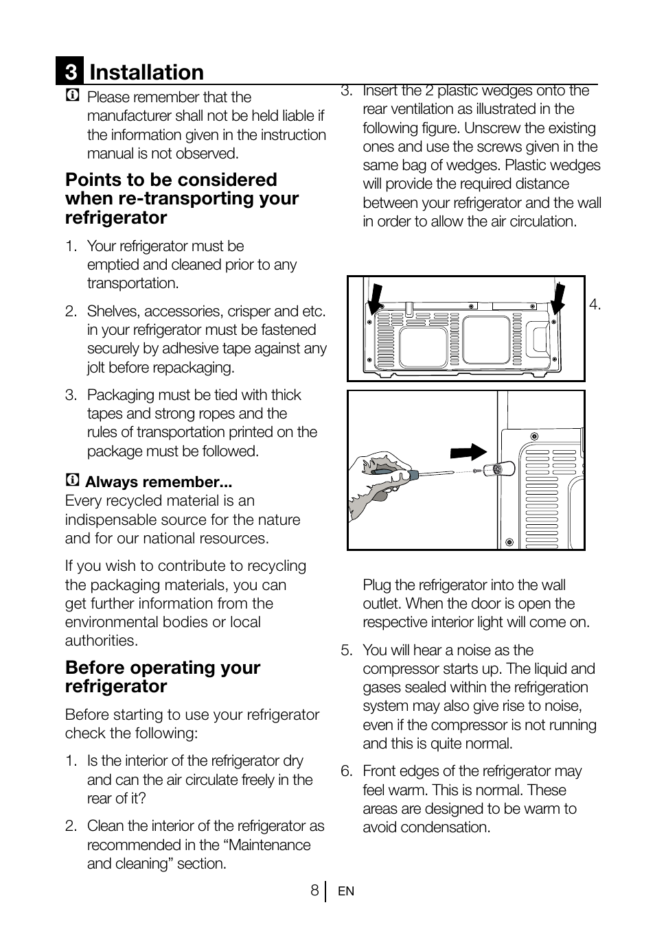 3installation, Before operating your refrigerator | Beko GNE V222 S User Manual | Page 9 / 83