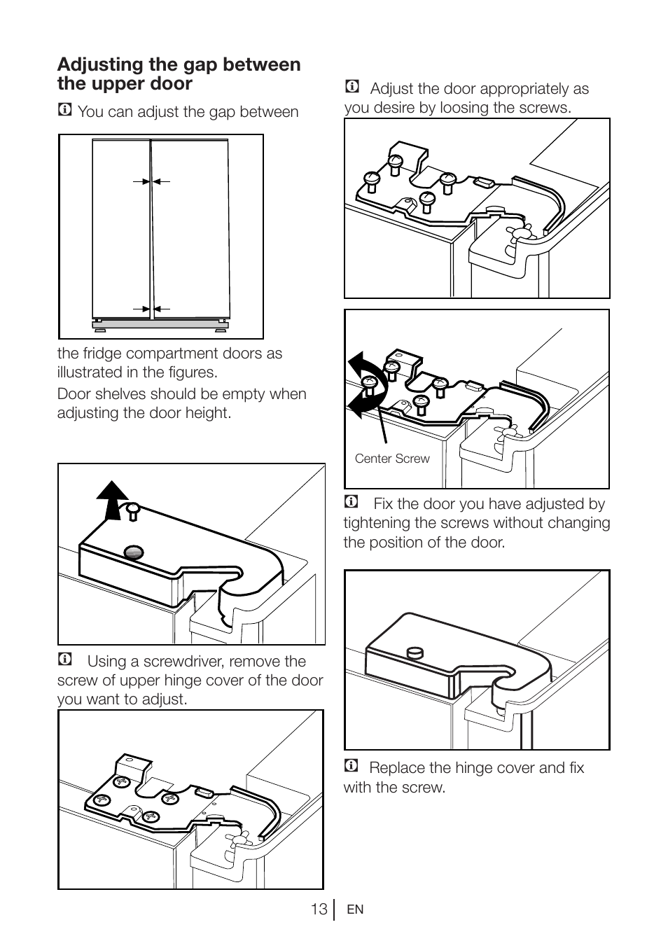 Adjusting the gap between the upper door c | Beko GNE V422 X User Manual | Page 13 / 102