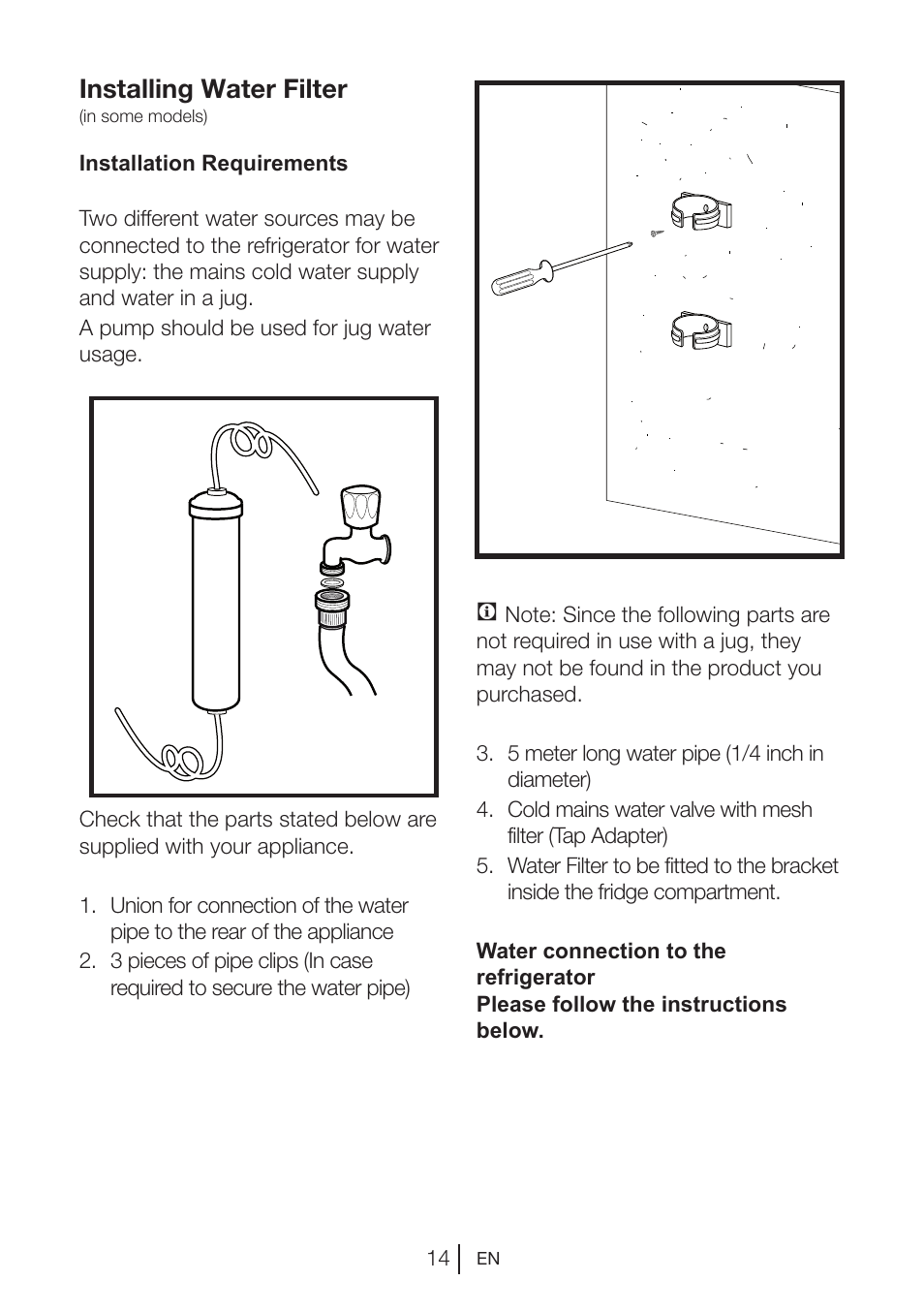 Installing water filter | Beko GNE V422 X User Manual | Page 14 / 102