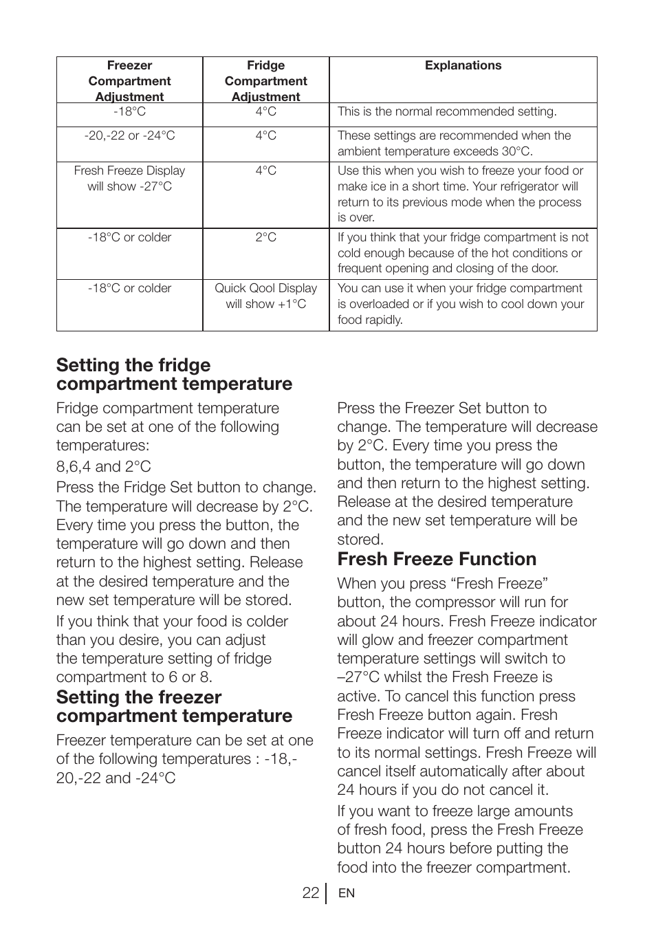 Setting the fridge compartment temperature, Setting the freezer compartment temperature, Fresh freeze function | Beko GNE V422 X User Manual | Page 22 / 102