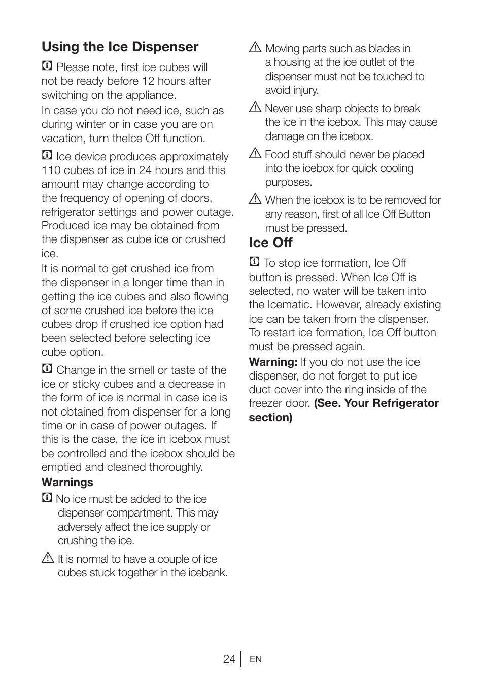 Using the ice dispenser c, Ice off c | Beko GNE V422 X User Manual | Page 24 / 102